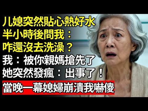 媳婦突然貼心熱好水，半小時後問我，咋還沒去洗澡？我：被你親媽搶先了，她突然發瘋：出事了！當晚一幕媳婦崩潰我嚇傻#退休金#養老#慧心家務#老人社#人間家事