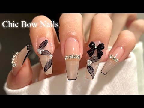 SUB)【Gel Nails】Elegant Monotone ✨ Chic Bow Nails 🎀🖤/Gel-X/ASMR