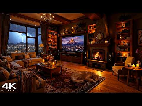 [4K] Cozy Cabin at Late Night 🌧️ Gentle Jazz Music with Thunder & Fireplace Sounds to Unwind