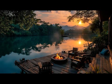 Relaxing Porch by the River 🔥 Fire Crackling & Soft Water Flow