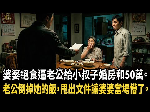 小叔子訂婚，婆婆以絕食相逼，讓老公送他婚房和50萬的車，一個沒留神，老公把他媽飯倒了：餓著吧，看我們吃！隨後拿出一份文件婆婆懵了#深夜淺讀 #為人處世 #生活經驗 #情感故事