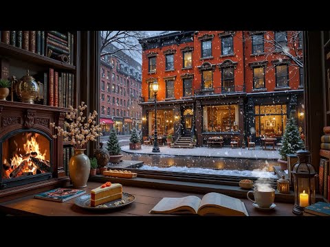 January Jazz Coffee Shop Ambience ❄️ Snowy Winter City View with Fireplace Sounds for Focus & Calm
