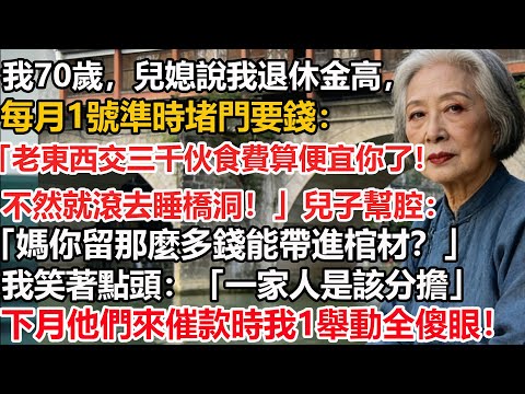 【我70歲】兒媳說我退休金高，每月1號準時堵門要錢：「老東西交三千伙食費算便宜你了！不然就滾去睡橋洞！」兒子幫腔：媽你留那麼多錢能帶進棺材？我笑著點頭：一家人是該分擔，下月他們來催款時我1舉動全傻眼！