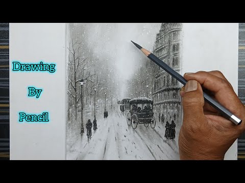 Snowy city landscape scenery drawing by pencil. पेंसिल द्वारा बर्फीले शहर के परिदृश्य दृश्य चित्रण।