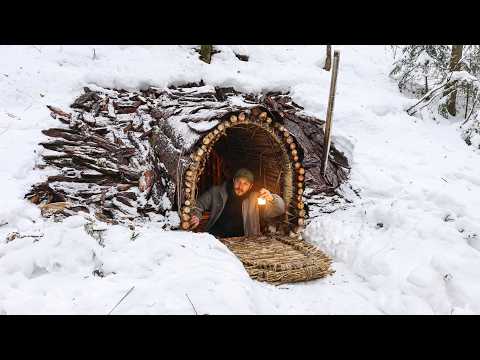 Building a Warm and Cozy Dugout for Survival. Log Shelter, Secret cave in the hill. Winter Bushcraft