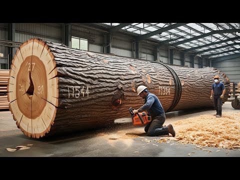 Raw Wood Processing Plant: Operating Giant Circular Saw, Smooth Flat Wood Boards, Incredible Speed
