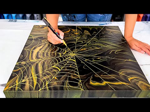 What a Surprise! (Spooky Good!) The Golden Web - Acrylic Pouring with Embellishments