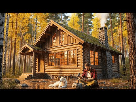 Building a Secret Log Cabin in the Woods With NO Power Tools In 24 Hours in Heavy Rain