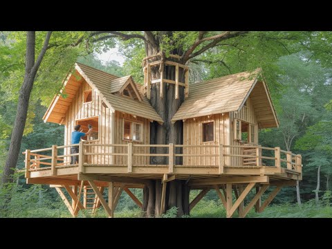 Man Builds Incredible Wooden Tree House in the Woods | From Start to Finish by @BuildingInNature