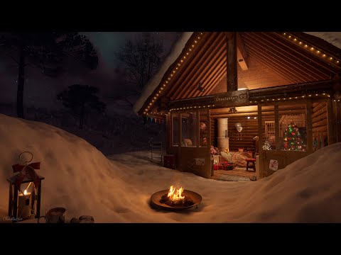 Cozy Christmas Cabin Ambience With Aurora | Crackling Fire, White Noise, Owls, Chimes, Snow Sounds