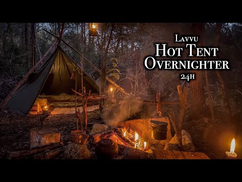Lavvu Hot Tent Overnighter @ My Bushcraft Camp / LK-70, Fatwood, Juniper Tea, Campfire Cooking, ASMR