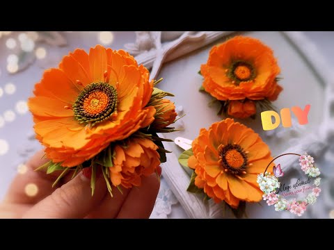 🌺Цветы из фоамирана🌺КАЛЕНДУЛА 🌺🌿DIY /MK Цветочные украшения на резиночках.