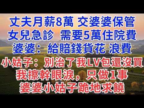 丈夫月薪8萬，每月交婆婆保管，女兒急診，需要5萬住院費，婆婆：給賠錢貨花就是浪費，小姑子：別治了 我LV包還沒買，我擦干眼淚，只做1事，婆婆小姑子跪地求饒！#慧心家事#為人處世#生活經驗#情感故事