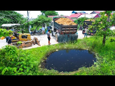 Full VDO Start Processing Landfill Project By Komat'su Dozer Push Rock Soil, Dump Truck Undloading