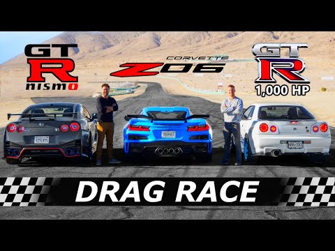 2023 Corvette Z06 vs GTR NISMO vs 1000hp R34 GTR // DRAG & ROLL RACE