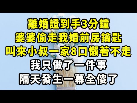 離婚證到手3分鐘，婆婆偷走我婚前房鑰匙，叫來小叔一家8口懶著不走，我只做了一件事，隔天發生一幕全傻了