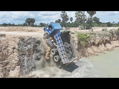 Wow! Unexpected Massive Komatsu Bulldozer & Dump Trucks Filling Deep Pond