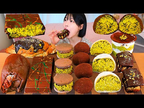 ASMR MUKBANG| Dubai Chocolate Desserts! Chewy Cookie, Macaron, Cake, Tiramisu, Mochi.