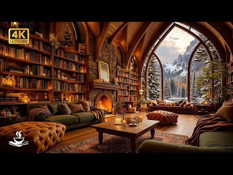 Alpine Winter Library Jazz Hideaway ❄️ Cozy Reading Hours by the Fireplace and Falling Snow