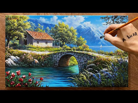 How to draw landscape painting "#49"/ Drawing bridge and house / Lake landscape painting / A Lu Art