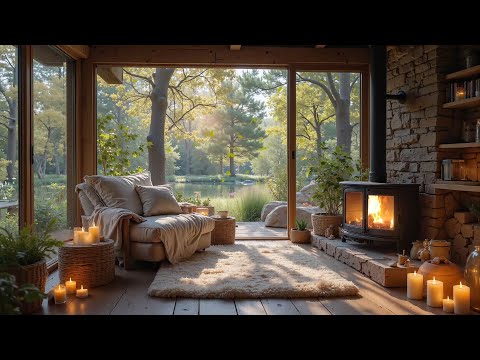 Morning Spring in Cozy Cabin Ambience 🌸 Relaxing Piano, Flowing Stream and Fireplace to Unwind