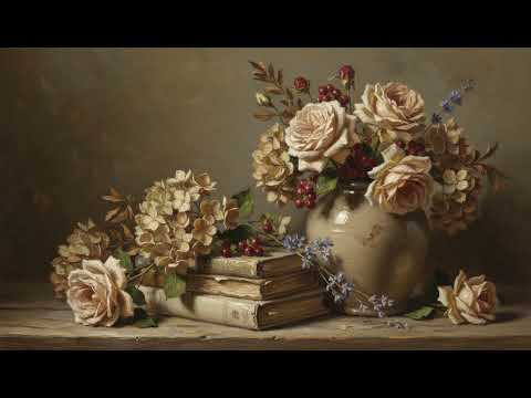 4K Art Screensaver - Painterly Still Life Cream Roses, Hydrangeas & Books - Rich & Timeless