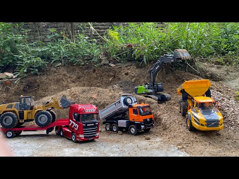 Aksi #60 Excavator Besar Huina 1593, Dump Truk RC Volvo A40G, Huina 1536, Scania RC Muatan Tanah 