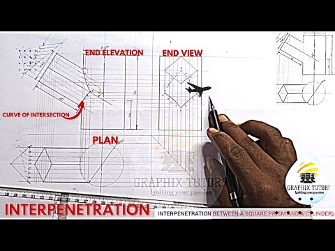 INTERPRETATION, INTERPENETRATION, CURVE OF INTERSECTION BETWEEN A SQUARE PRISM AND A CYLINDER.
