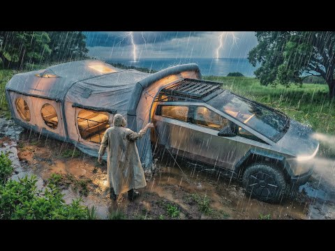 Camping in Heavy Rain | Cyber Truck Connected to Inflatable Tent