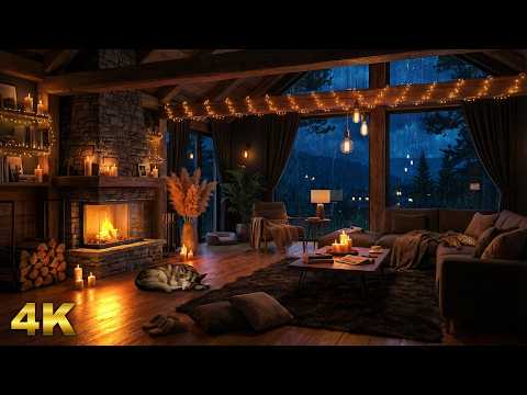 Heavy Rain & Crackling Fireplace in a Cozy Wooden Cabin 🌧️ Forest View