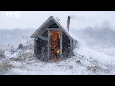 Bushcraft in Snowstorm: Building a Survival Shelter wite fireplace in Extreme Winter Blizzard & mist
