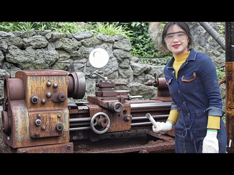 天才女孩修复50年前的老旧车床，锈迹斑斑零件都找不到了，修复后大变样！The Talented Gi