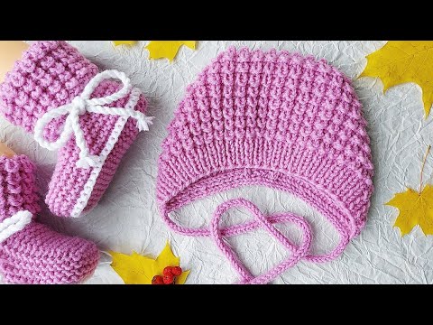 Knitted baby bonnet. Knitted bonnet with the "Corn" ("Hedgehog") pattern.