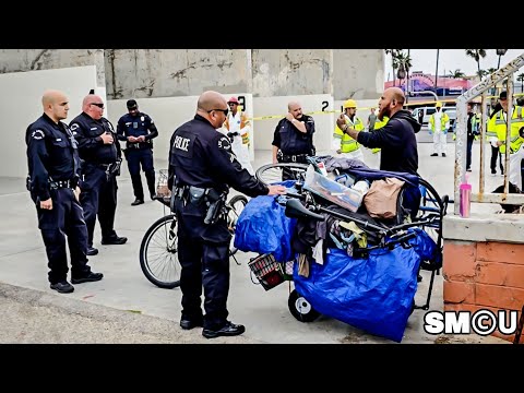 𝗧𝗘𝗡𝗦𝗘 𝗖𝗢𝗡𝗙𝗥𝗢𝗡𝗧𝗔𝗧𝗜𝗢𝗡: Police Enforce 60-Gallon Rule During Venice Beach Cleanup