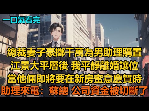 總裁妻子豪擲千萬為男助理購置江景大平層後，我平靜離婚讓位，當他倆即將要在新房蜜意慶賀時，資產管理部來電：“蘇總，公司資金被切斷了”