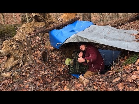 Solo Survival Camping in Heavy Rain | Tarp Shelter & Trench Camp