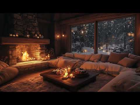 Warm Fireplace & Soft Piano: Relaxing Holiday Ambience with Snowfall