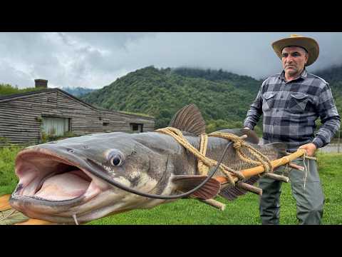 Giant Catfish Cooked Inside a Log — Traditional Village Feast