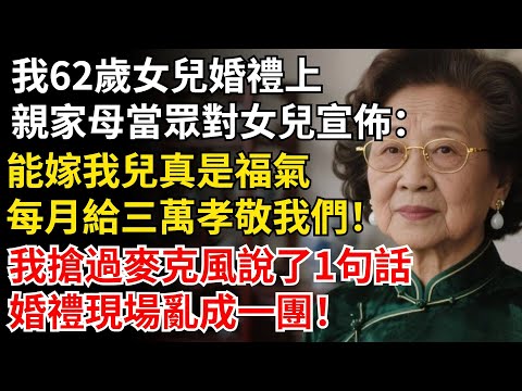 我62歲女兒婚禮上，親家母當眾宣佈：能嫁我兒真是福氣，每月給三萬孝敬我們，我搶過麥克風説了1句話，婚禮現場亂成一團！#晚年生活#中老年生活#為人處世#生活經驗#情感故事