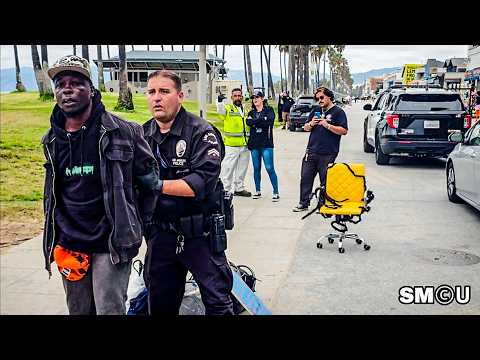 𝗦𝗧𝗥𝗘𝗘𝗧 𝗔𝗥𝗧𝗜𝗦𝗧 𝗗𝗘𝗧𝗔𝗜𝗡𝗘𝗗: LAPD Issues Citation to Boardwalk Performer Amid Homeless Sweep