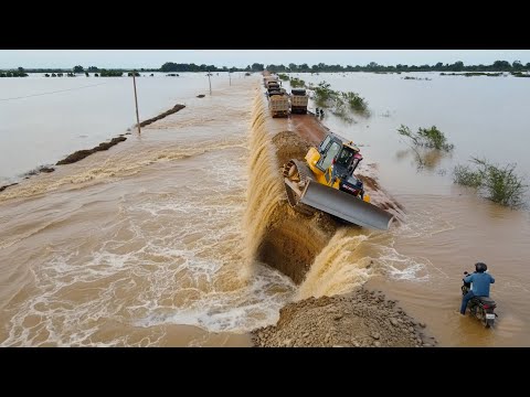 Be Careful Flooding! Urgent Build Road Keep Up Situation Use Bulldozer, Dump Truck in Operation