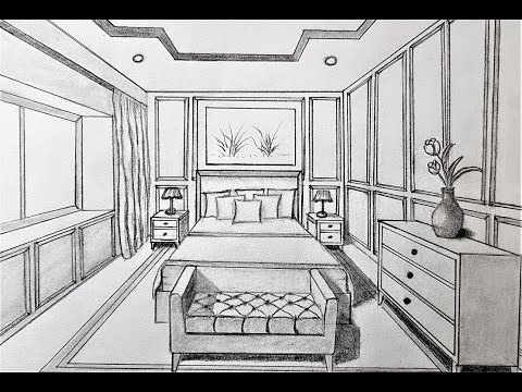 How to draw a bedroom in 1 point perspective