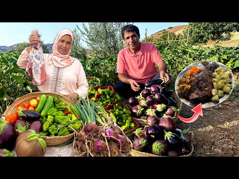 جني الخضروات الطازجة لاعداد كتف خروف مشوي في فرن تقليدي