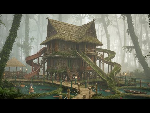Creating a Hidden Luxury Stilt Villa with Massive Spiral Slide and Fish Pond in Deadly Jungle Swamp