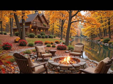 Soothing Piano Music & Fireplace for Studying 🍂 Lakeside Campfire in Autumn Woods