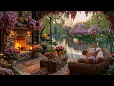 Warm Spring Lakeside Morning 🌸 Gentle Piano & Crackling Fireplace Ambience for Relaxation