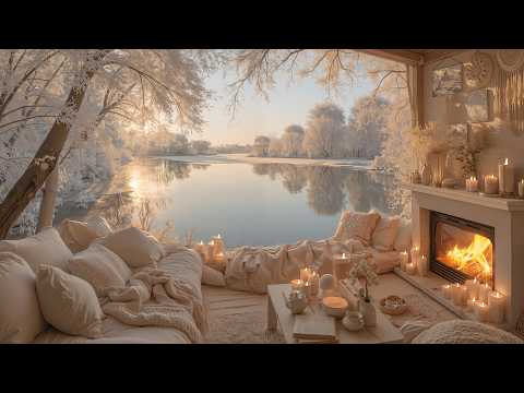 Tranquil Winter Sunrise at the Lakeside Cabin ❄️ Crackling Fireplace & Relaxing Piano For Work