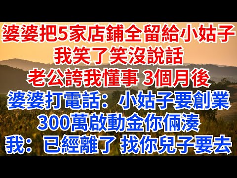 婆婆把5家店鋪全部留給小姑子，我笑了笑沒說話，老公誇我懂事。3個月後婆婆打電話：小姑子要創業，300萬啟動金你倆湊。我：已經離了，找你兒子要去吧！#情感故事 #故事分享 #婆媳 #小姑子#家庭矛盾