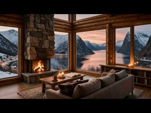 Golden Hour Fjord Fireplace 🌅🔥 | Cozy Log Cabin Overlooking a Snowy Village at Sunset