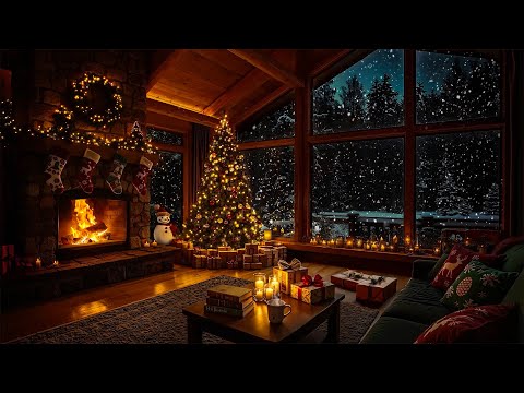 Jazz Relaxing Music in Cozy Christmas Cabin Ambience 🎄 Snowfall & Crackling Fireplace to Deep Sleep